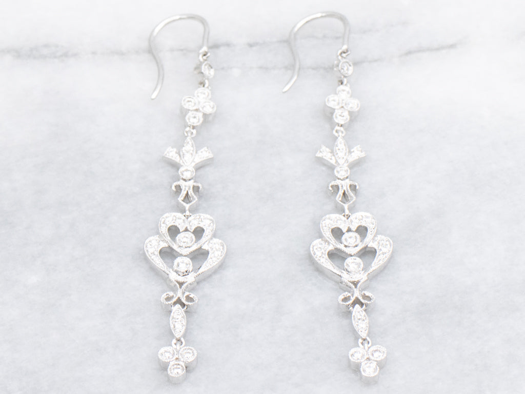 Long Vintage Diamond White Gold Drop Earrings