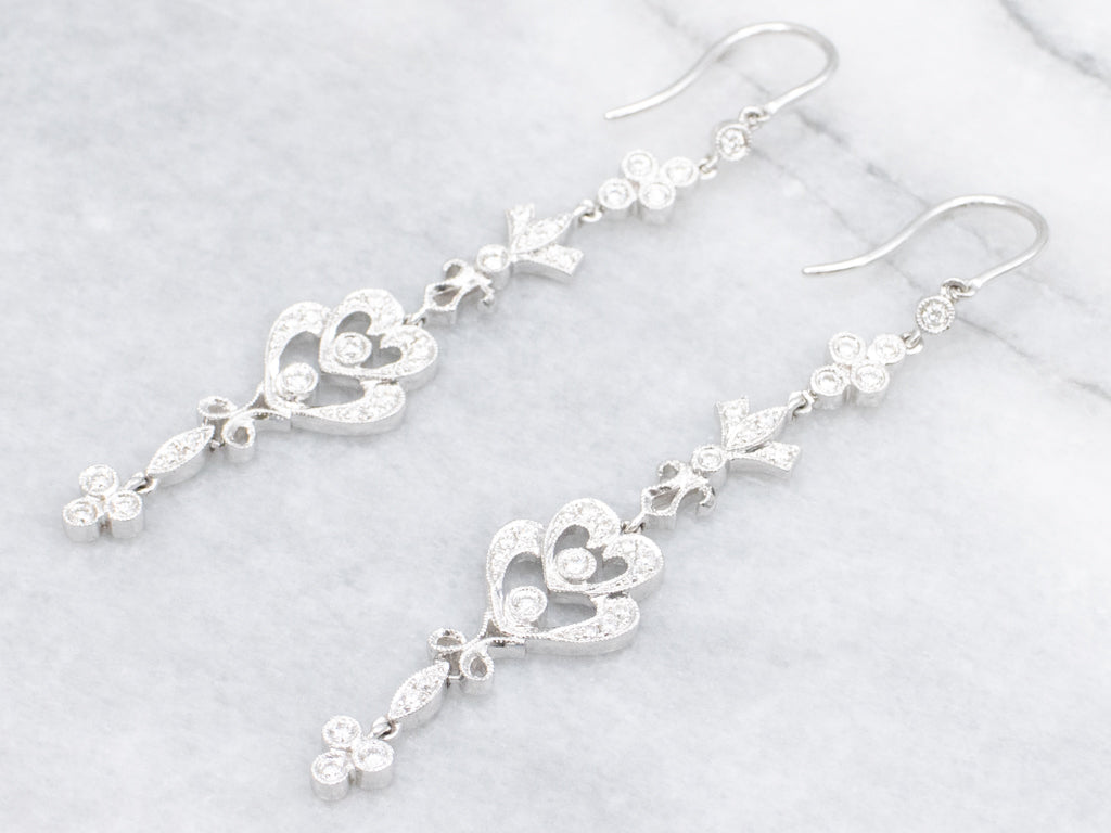 Long Vintage Diamond White Gold Drop Earrings