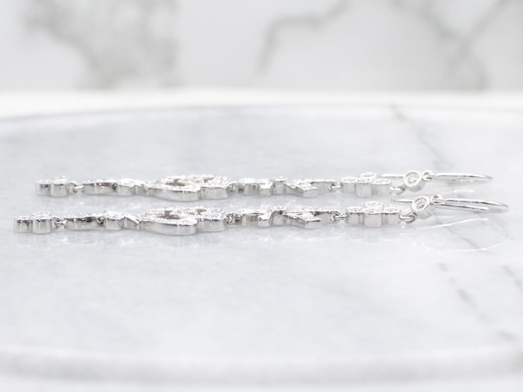 Long Vintage Diamond White Gold Drop Earrings