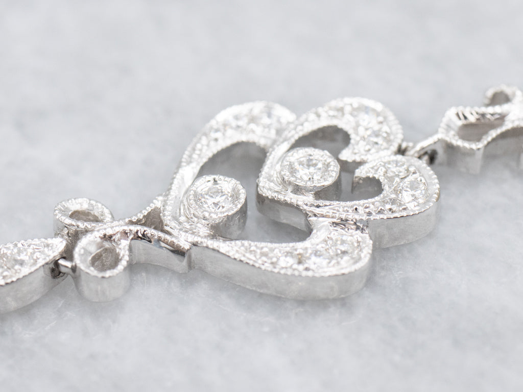Long Vintage Diamond White Gold Drop Earrings