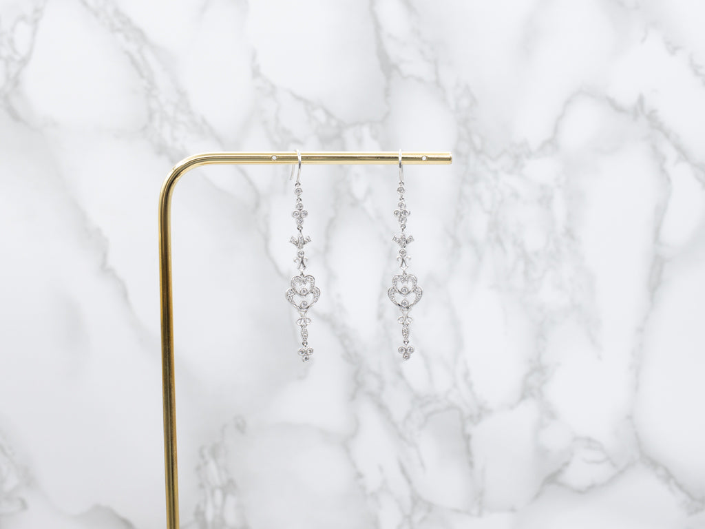 Long Vintage Diamond White Gold Drop Earrings