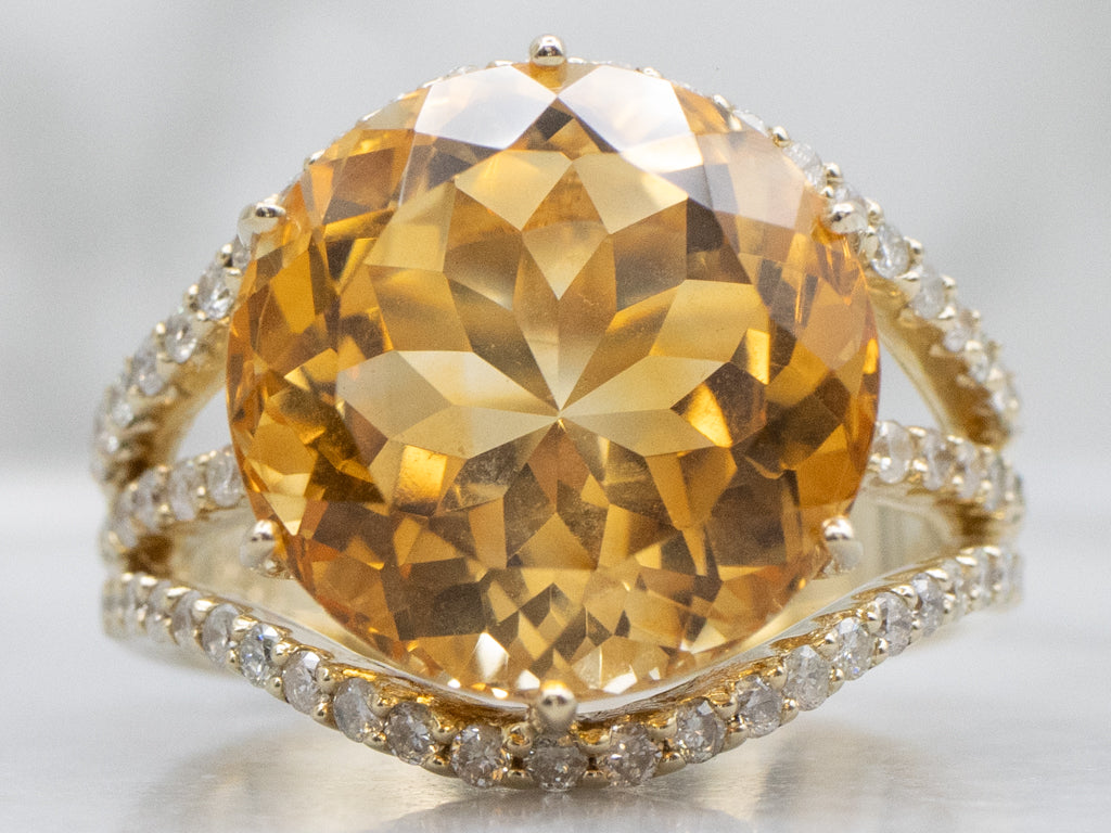 Modern Gold Citrine and Diamond Cocktail Ring