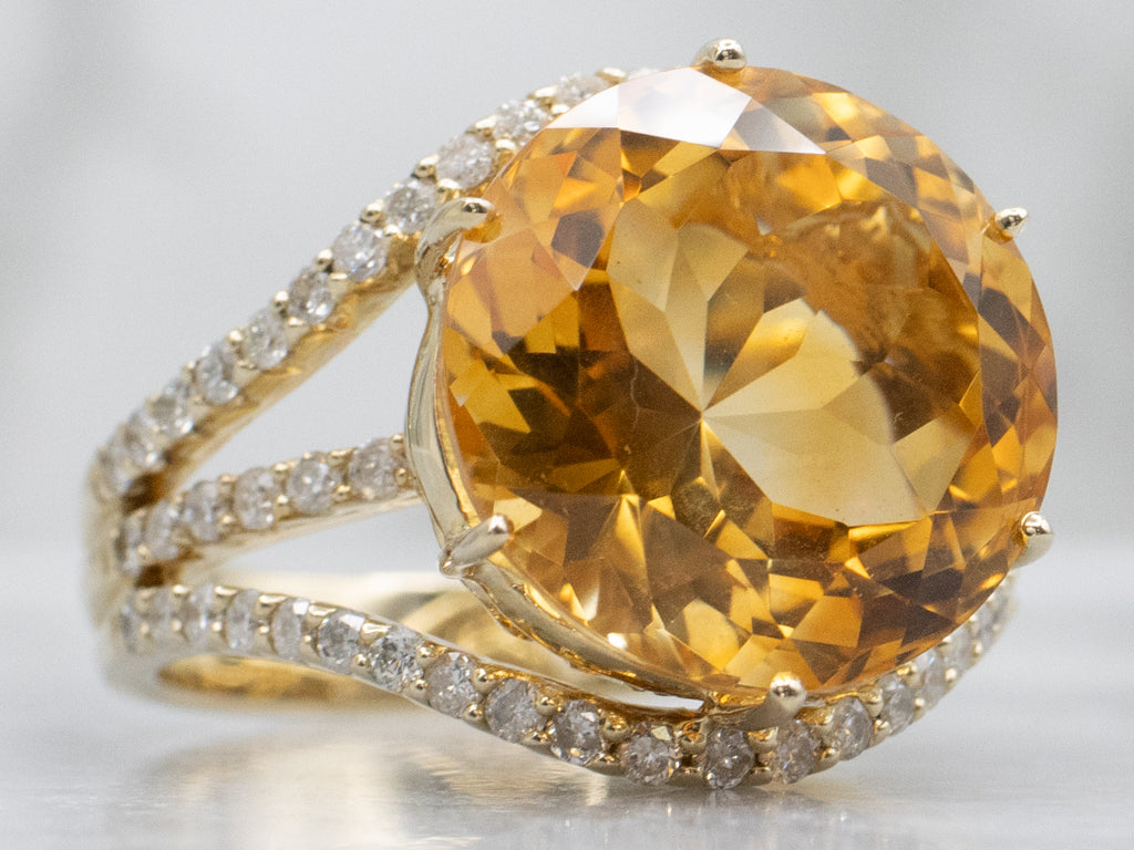 Modern Gold Citrine and Diamond Cocktail Ring
