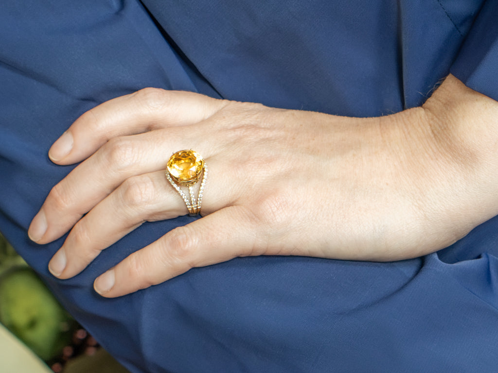 Modern Gold Citrine and Diamond Cocktail Ring