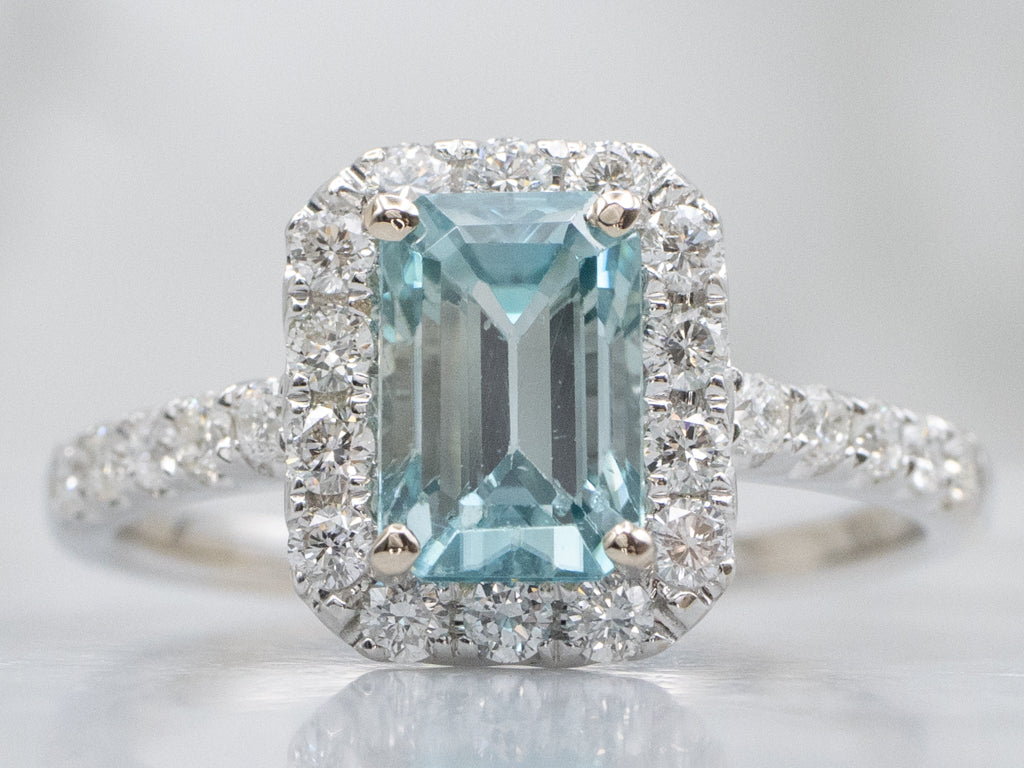 Blue Zircon and Diamond Halo White Gold Ring