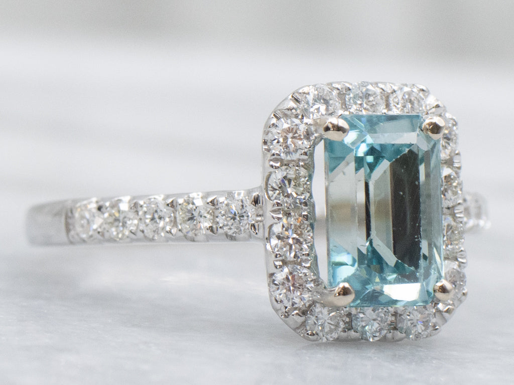 Blue Zircon and Diamond Halo White Gold Ring