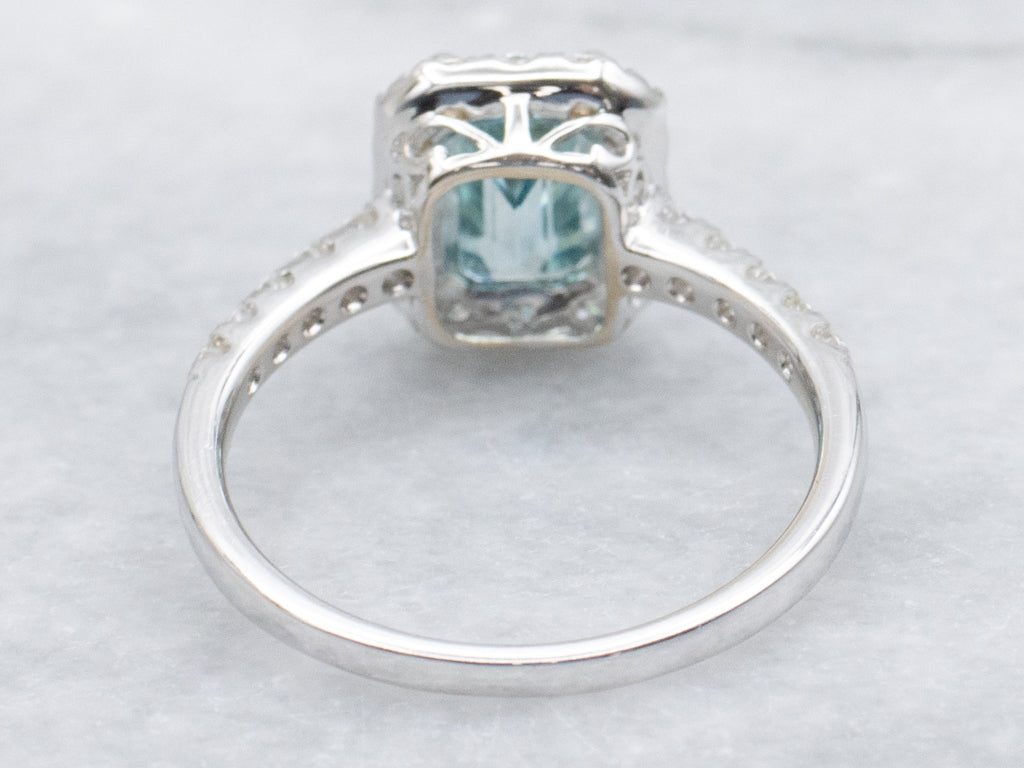 Blue Zircon and Diamond Halo White Gold Ring