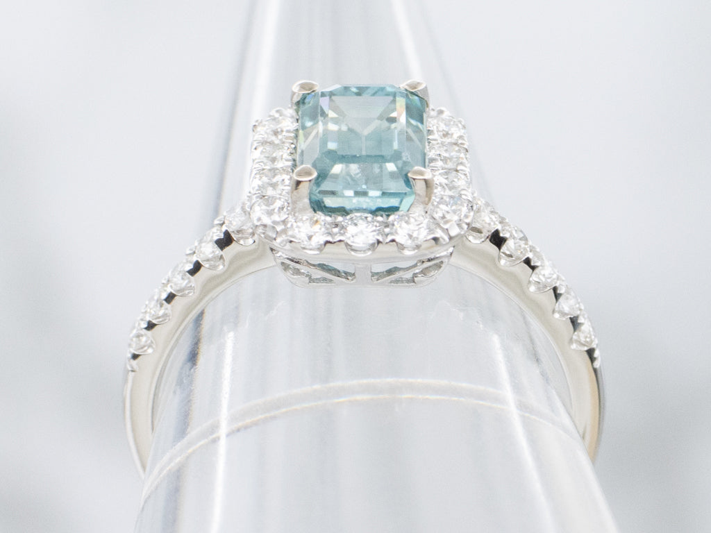 Blue Zircon and Diamond Halo White Gold Ring