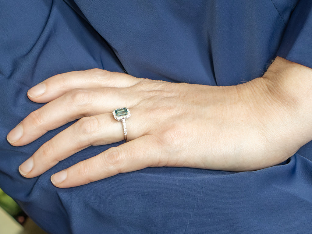 Blue Zircon and Diamond Halo White Gold Ring