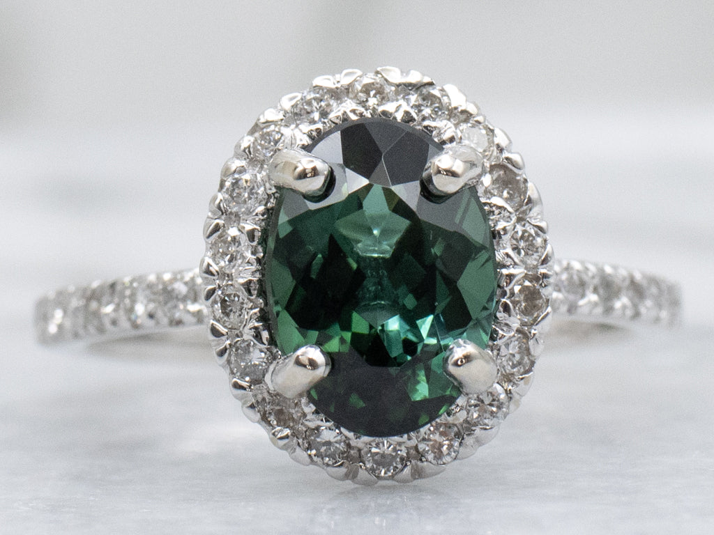 Modern Green Tourmaline and Diamond Halo White Gold Ring