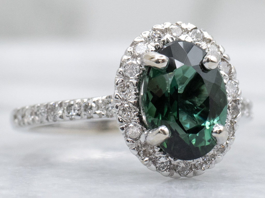 Modern Green Tourmaline and Diamond Halo White Gold Ring