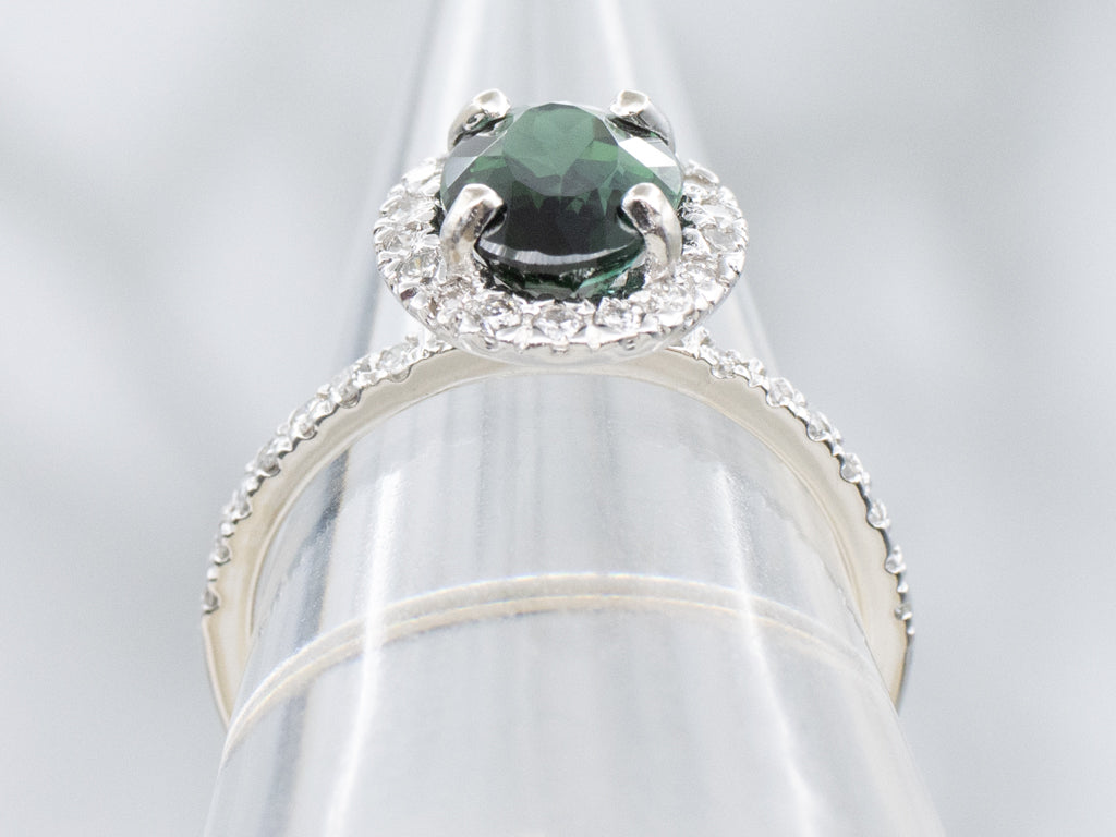 Modern Green Tourmaline and Diamond Halo White Gold Ring