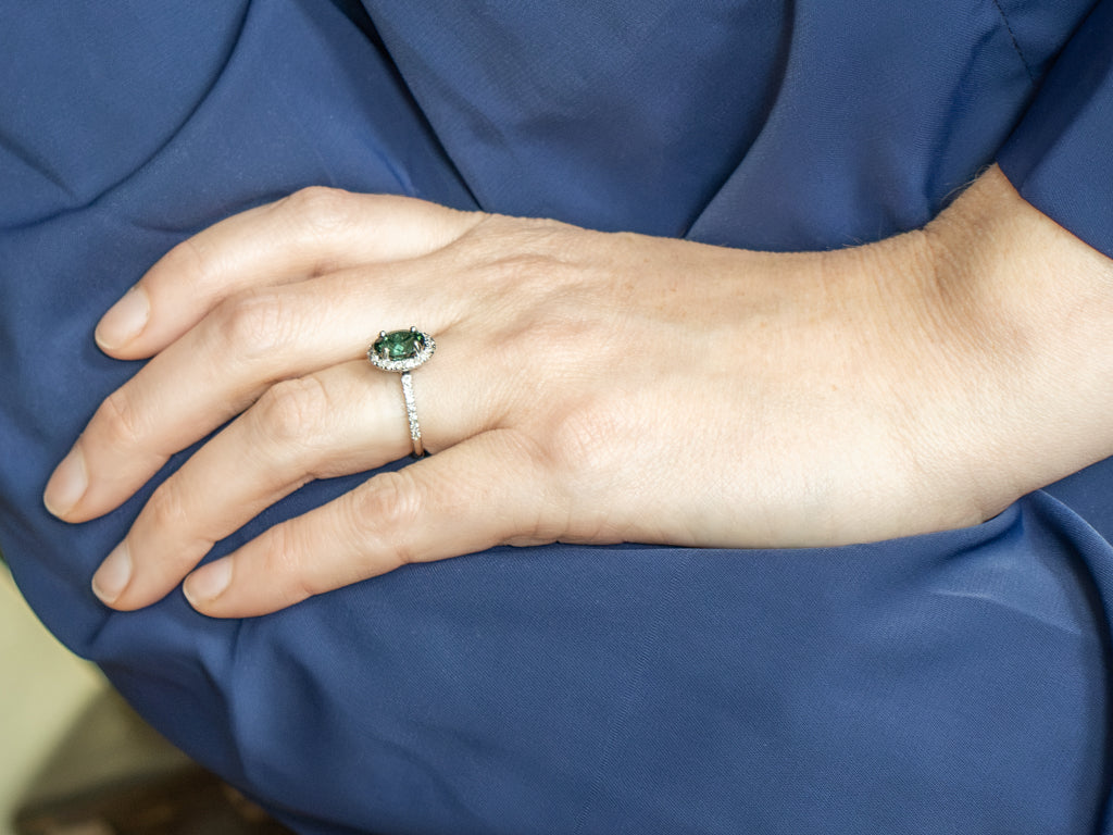 Modern Green Tourmaline and Diamond Halo White Gold Ring