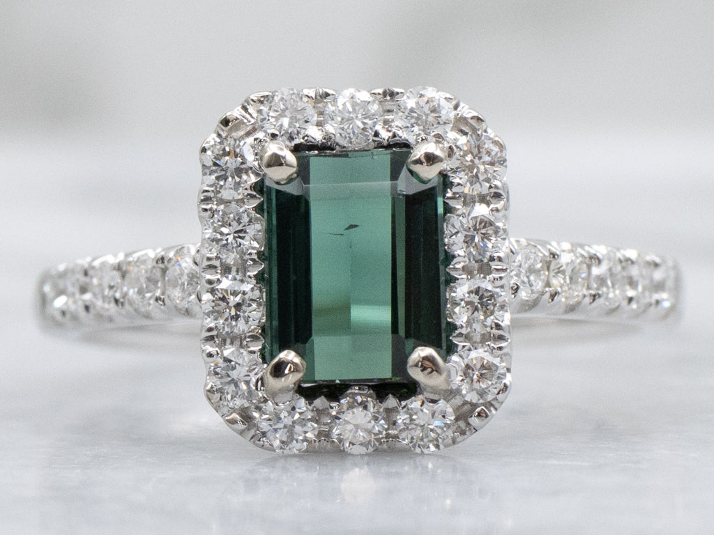 Emerald-Cut Green Tourmaline and Diamond Halo Ring