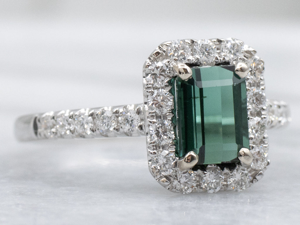 Emerald-Cut Indicolite Tourmaline and Diamond Halo Ring
