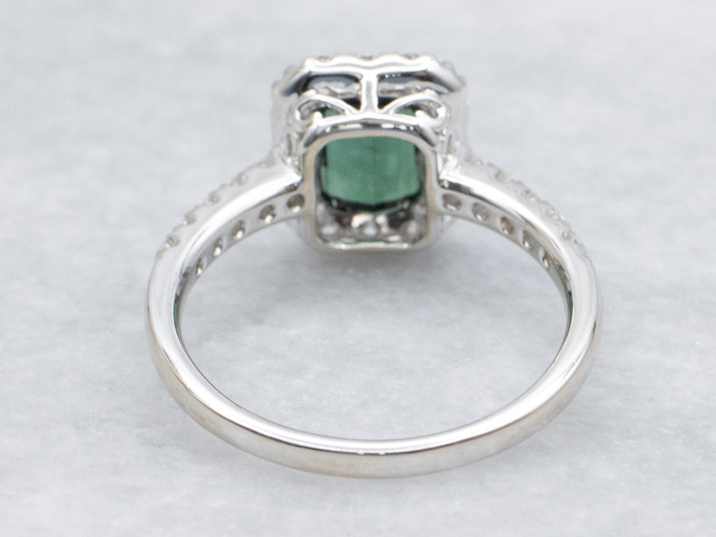 Emerald-Cut Green Tourmaline and Diamond Halo Ring