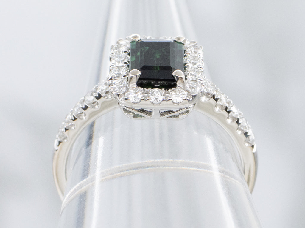 Emerald-Cut Green Tourmaline and Diamond Halo Ring