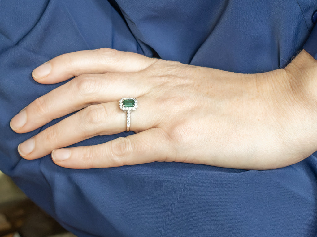 Emerald-Cut Green Tourmaline and Diamond Halo Ring