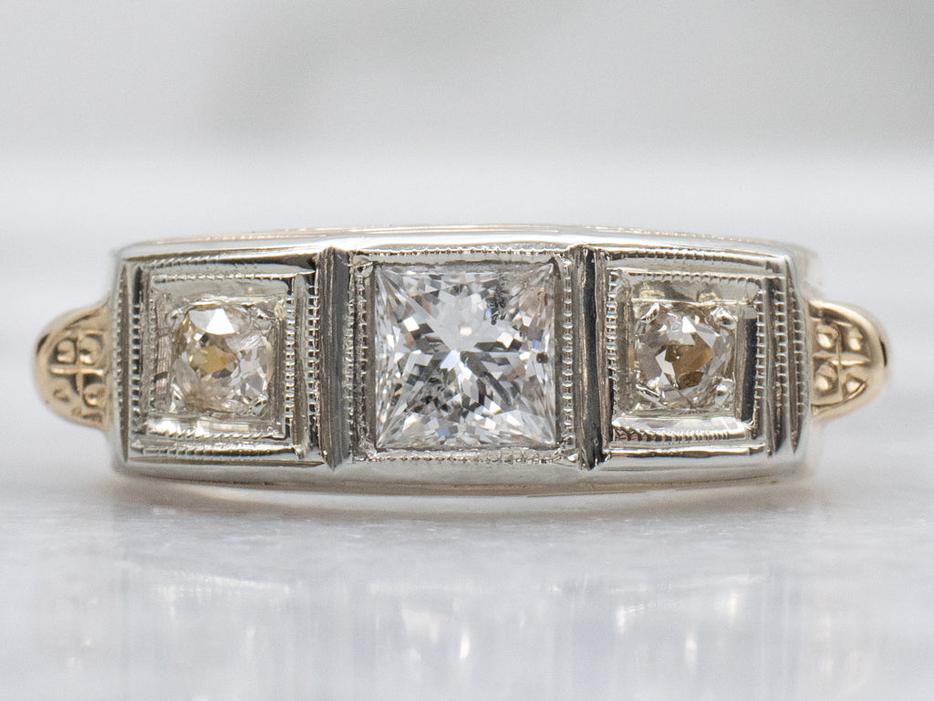 Princess and Old Mine Cut Diamond Retro-Era Ring