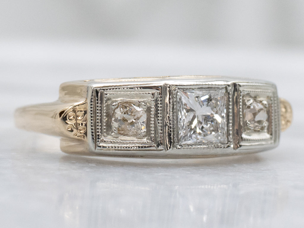 Princess and Old Mine Cut Diamond Retro-Era Ring