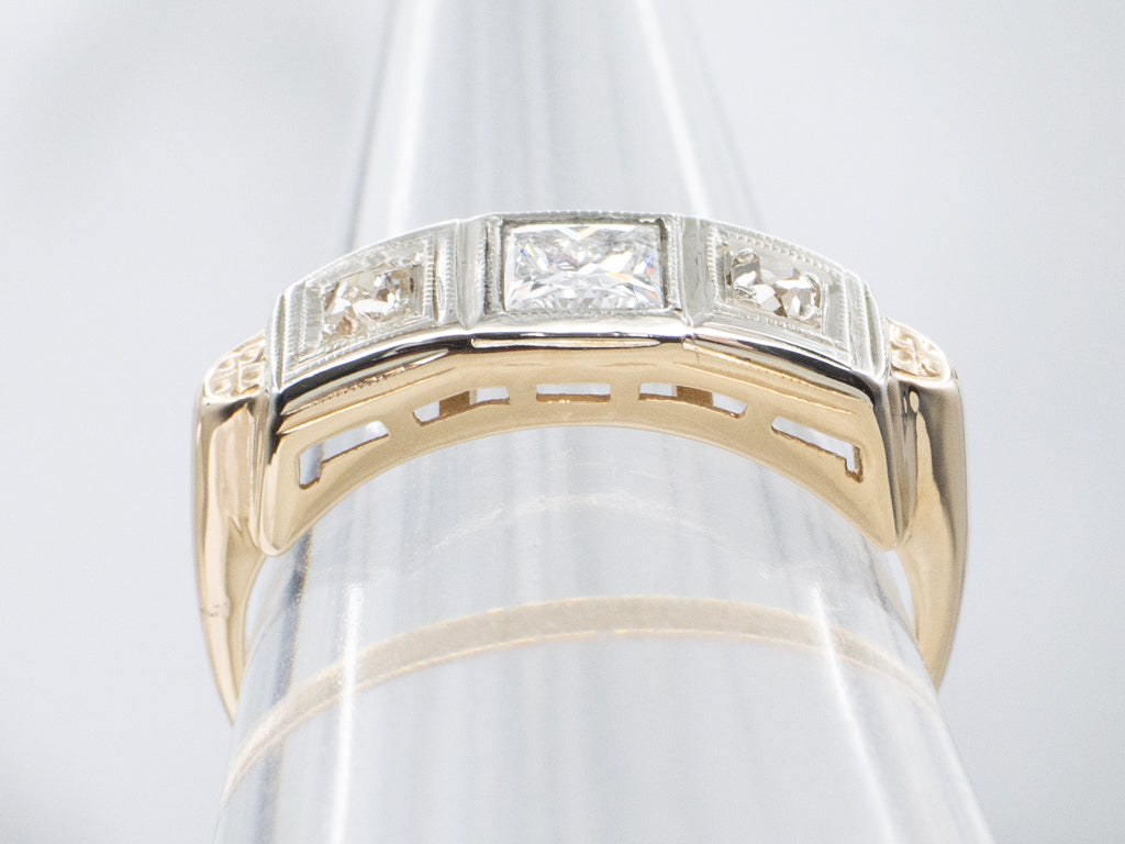 Princess and Old Mine Cut Diamond Retro-Era Ring