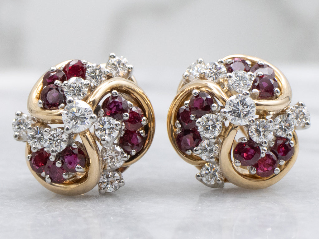 Ruby and Diamond Cluster Two-Tone Gold Stud Earrings