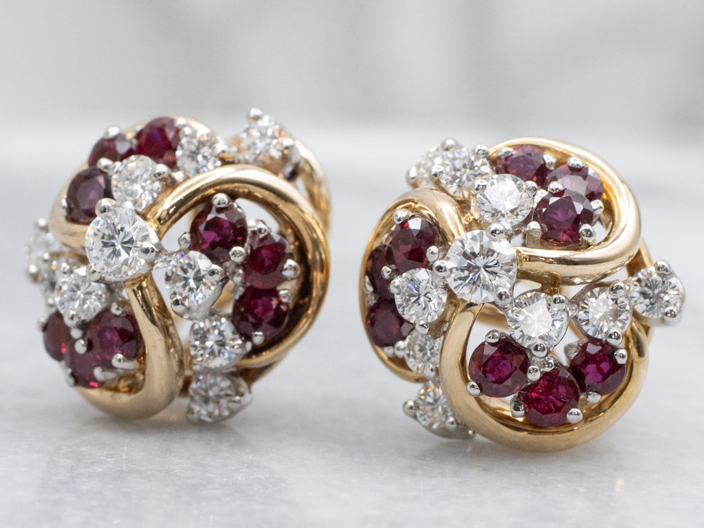 Ruby and Diamond Cluster Two-Tone Gold Stud Earrings