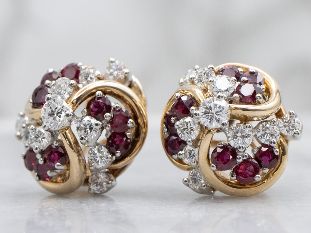 Ruby and Diamond Cluster Two-Tone Gold Stud Earrings