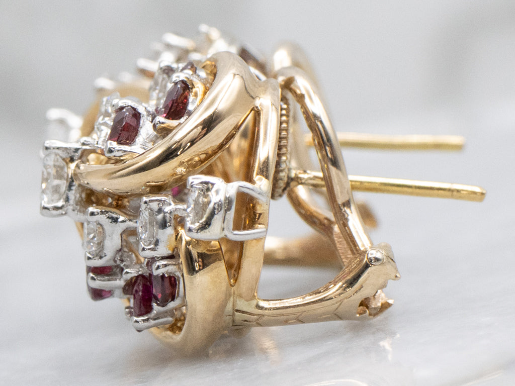 Ruby and Diamond Cluster Two-Tone Gold Stud Earrings