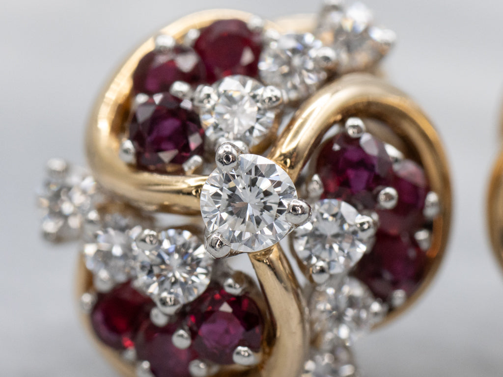 Ruby and Diamond Cluster Two-Tone Gold Stud Earrings