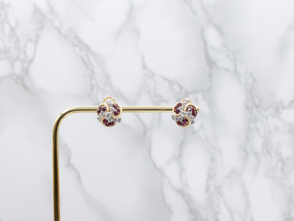 Ruby and Diamond Cluster Two-Tone Gold Stud Earrings