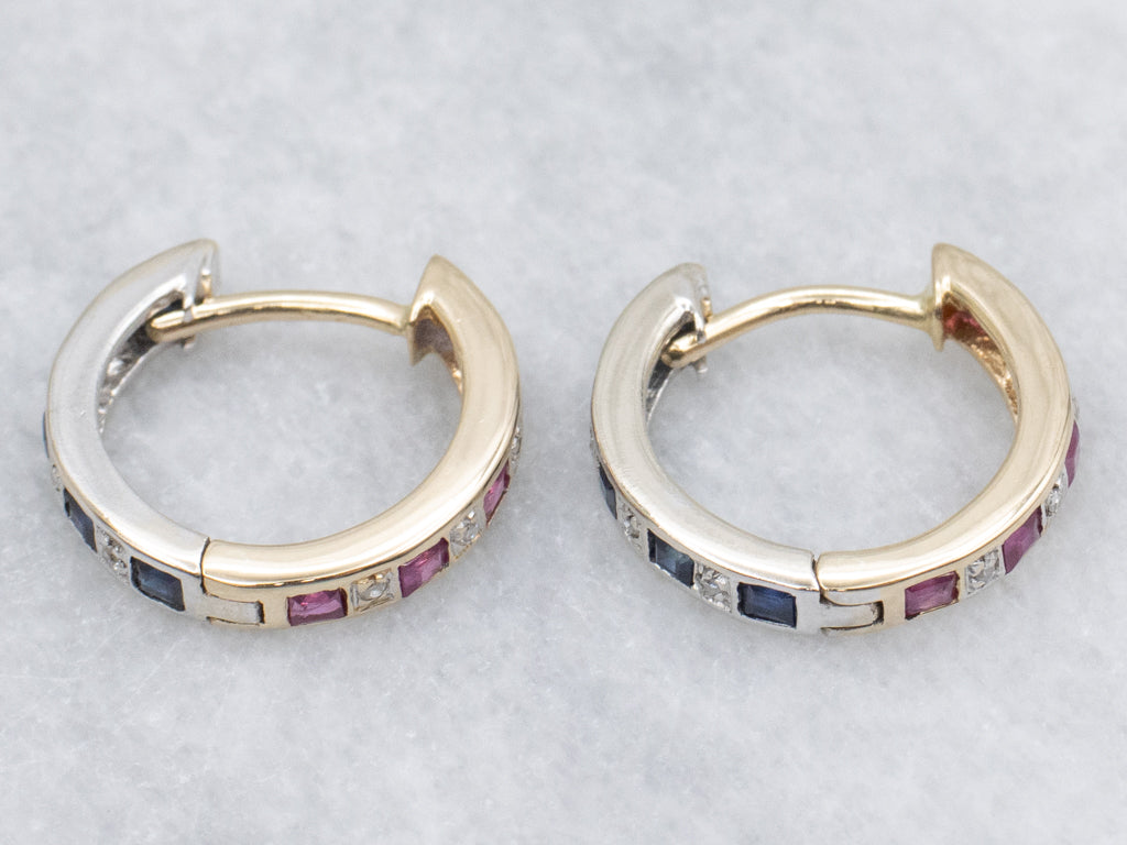 Ruby Sapphire and Diamond Huggie Hoop Earrings