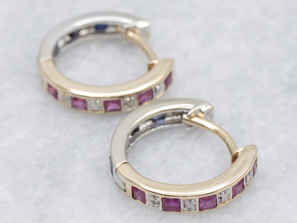 Ruby Sapphire and Diamond Huggie Hoop Earrings