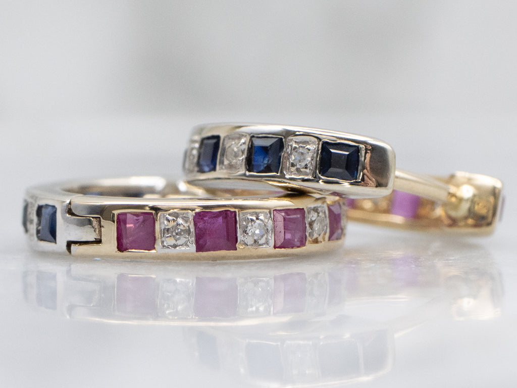 Ruby Sapphire and Diamond Huggie Hoop Earrings