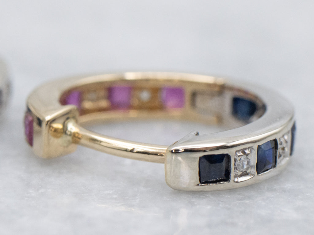 Ruby Sapphire and Diamond Huggie Hoop Earrings