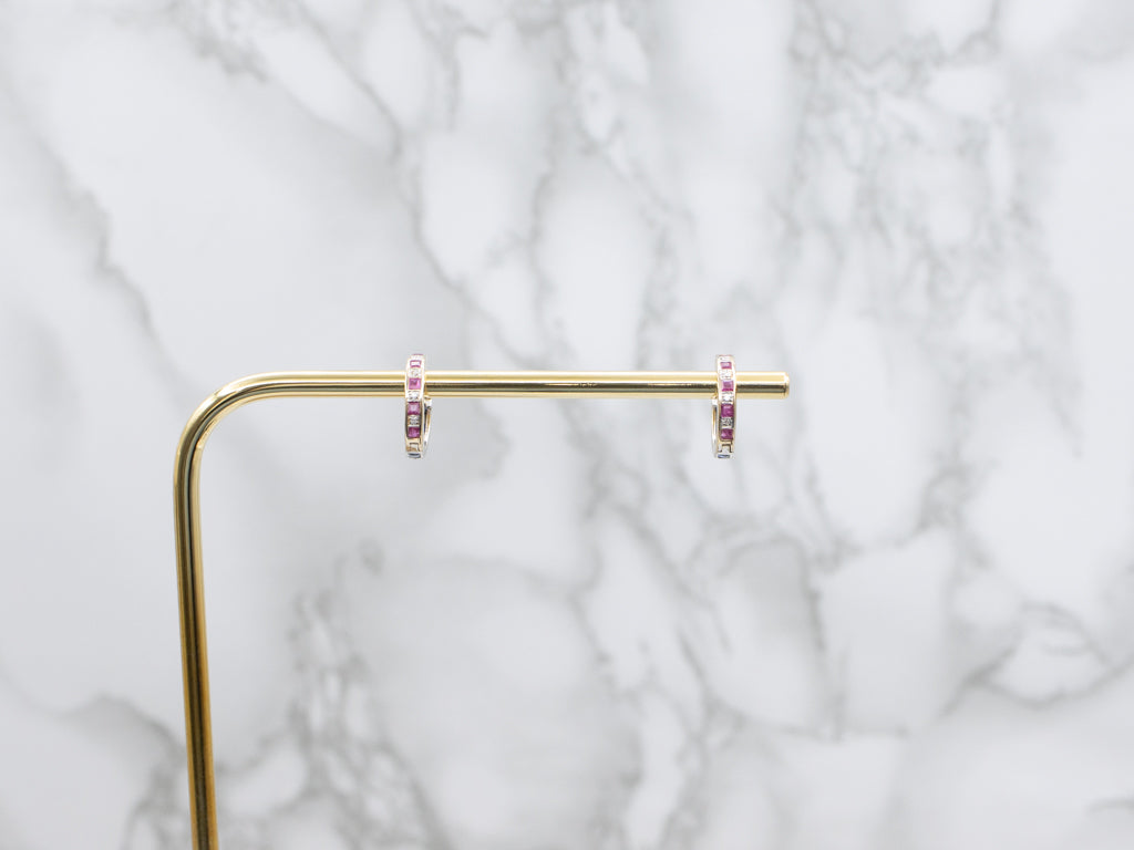 Ruby Sapphire and Diamond Huggie Hoop Earrings