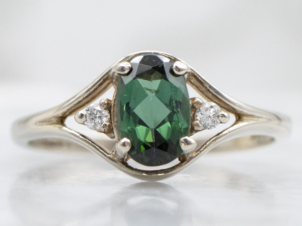 White Gold Green Tourmaline and Diamond Three-Stone Ring