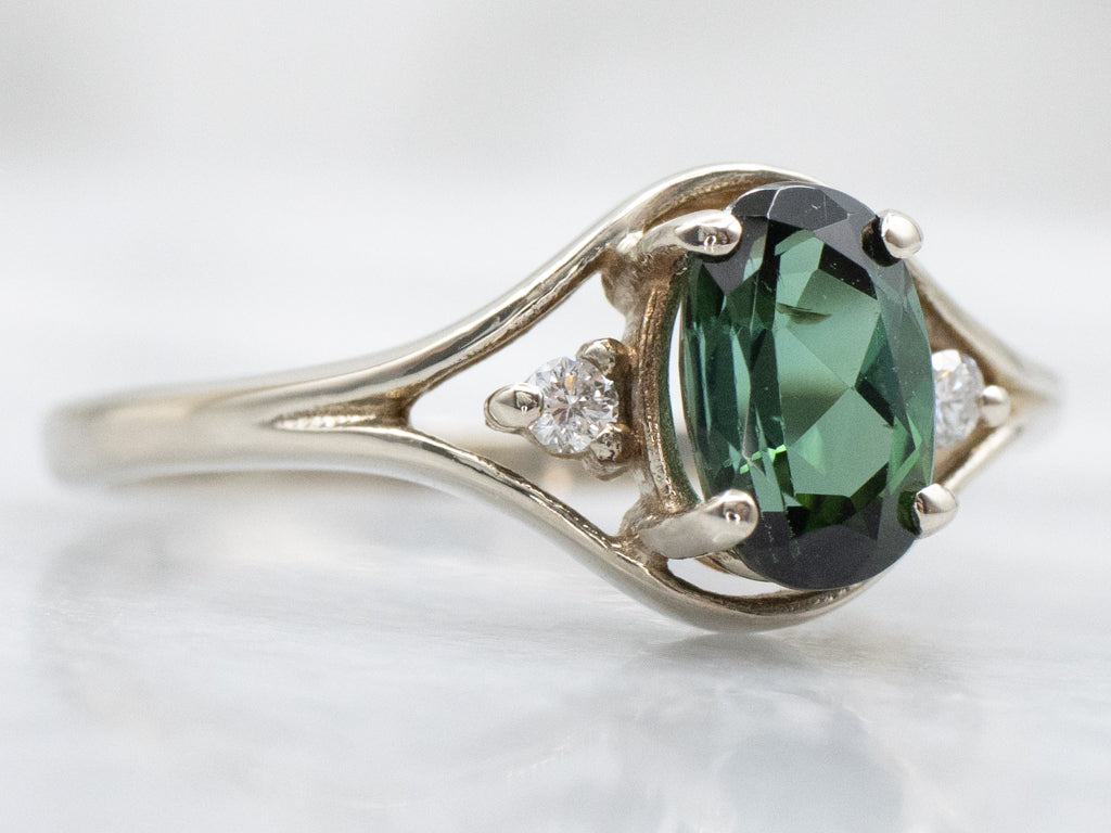 White Gold Green Tourmaline and Diamond Three-Stone Ring