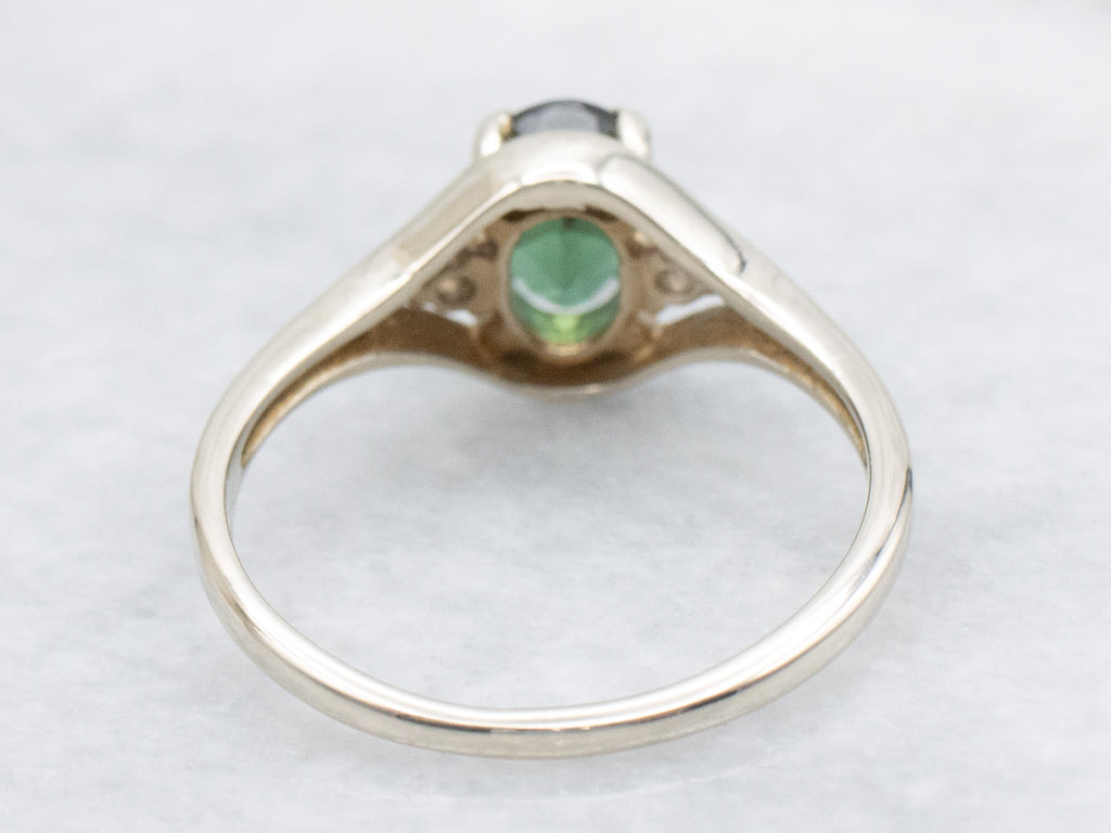 White Gold Green Tourmaline and Diamond Three-Stone Ring