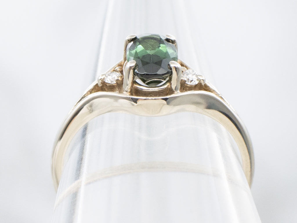 White Gold Green Tourmaline and Diamond Three-Stone Ring