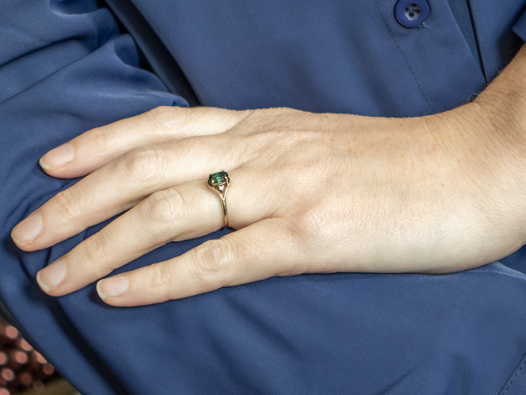 White Gold Green Tourmaline and Diamond Three-Stone Ring