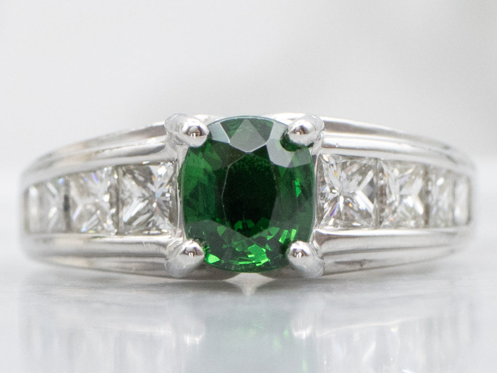 Modern Tsavorite Garnet and Princess Cut Diamond Platinum Ring