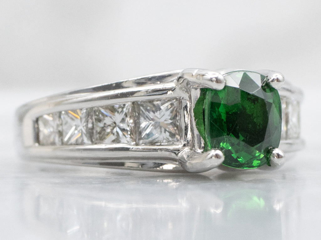 Modern Tsavorite Garnet and Princess Cut Diamond Platinum Ring