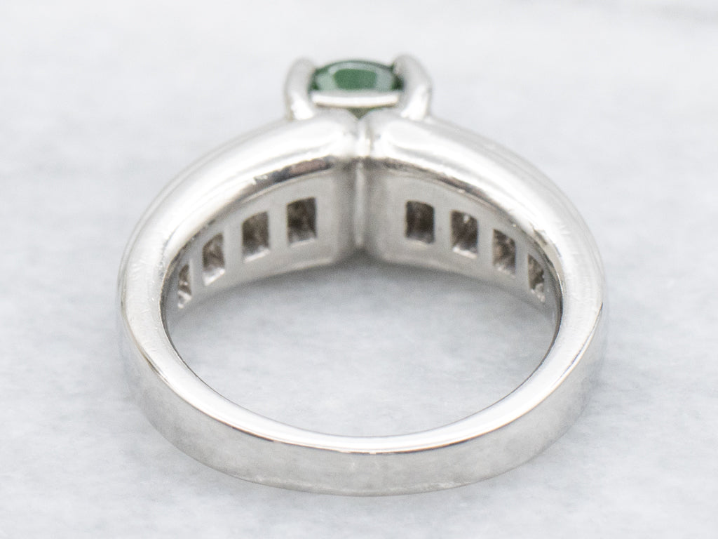 Modern Tsavorite Garnet and Princess Cut Diamond Platinum Ring