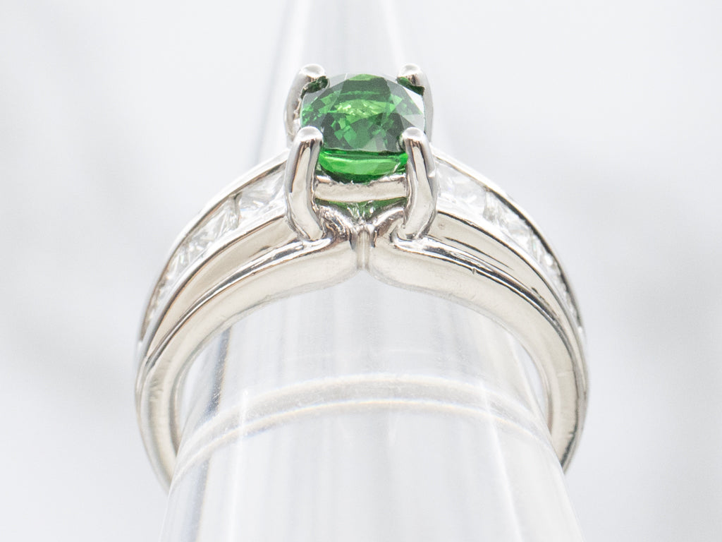 Modern Tsavorite Garnet and Princess Cut Diamond Platinum Ring