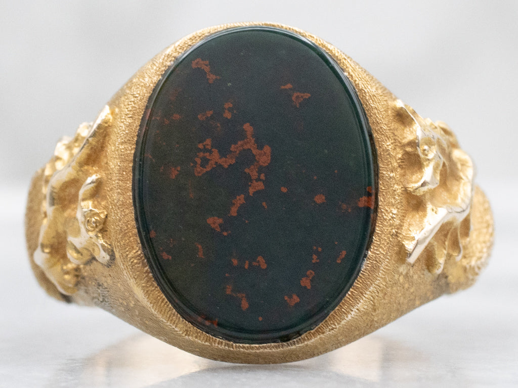 Bloodstone Solitaire Textured Gold Dragon Statement Ring