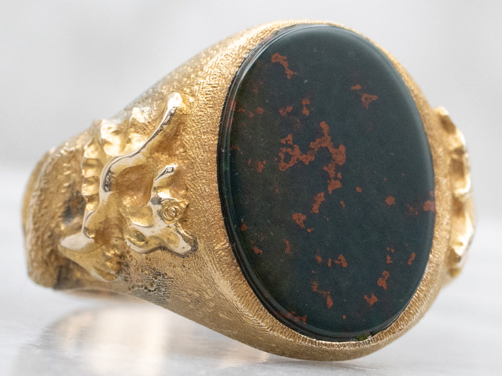 Bloodstone Solitaire Textured Gold Dragon Statement Ring