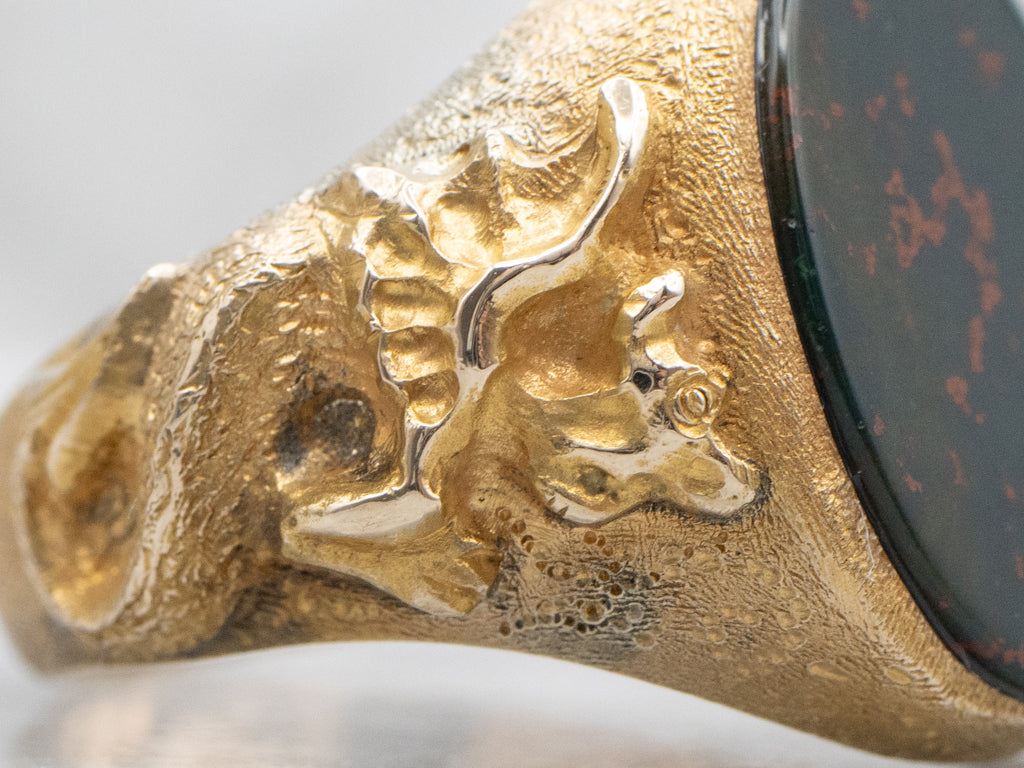 Bloodstone Solitaire Textured Gold Dragon Statement Ring