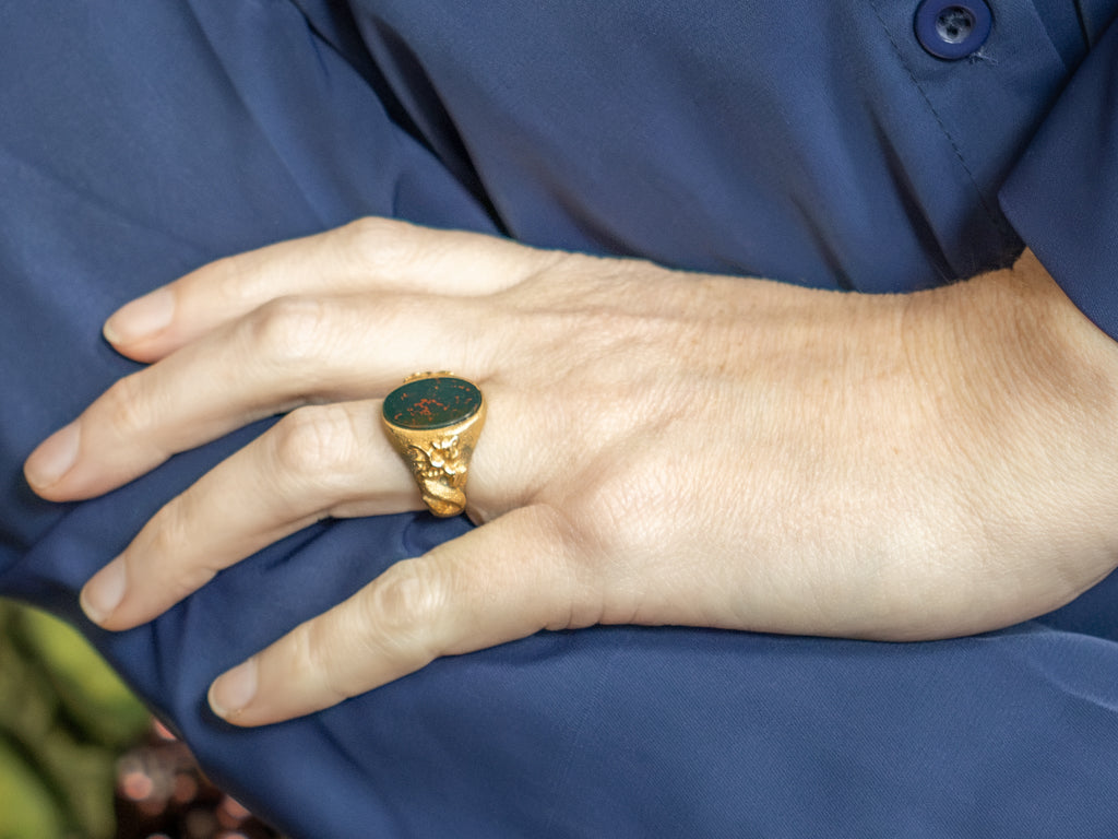 Bloodstone Solitaire Textured Gold Dragon Statement Ring