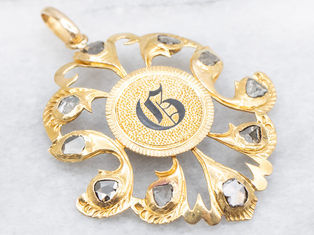 Polki Diamond and Gold Coin Black Enamel "G" Center Love Token Pendant